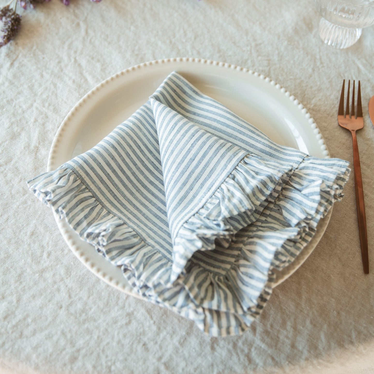 Blue Stripe Ruffle Linen Napkin (Set of 4)
