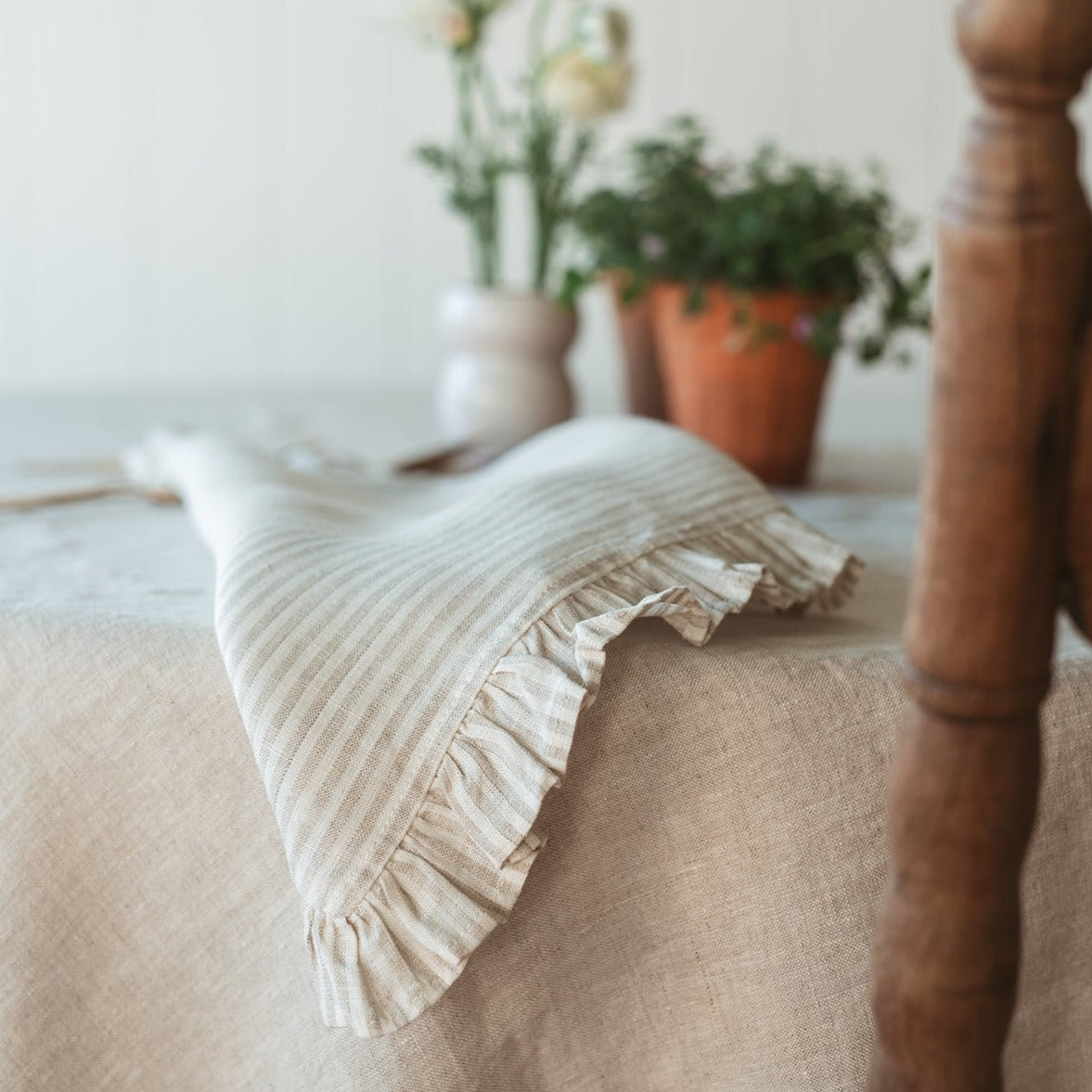 Beige Stripe Ruffle Linen Napkin (Set of 4)