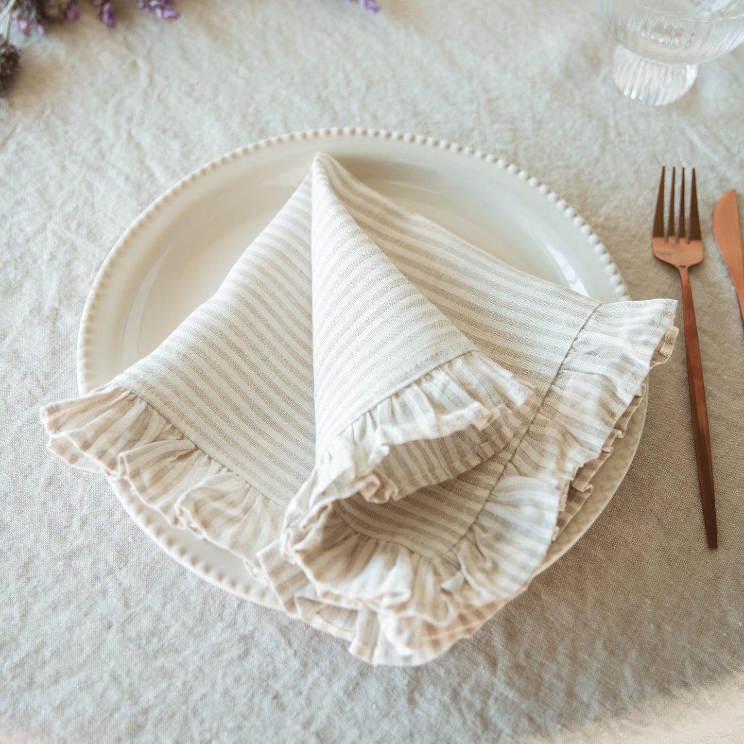 Beige Stripe Ruffle Linen Napkin (Set of 4)