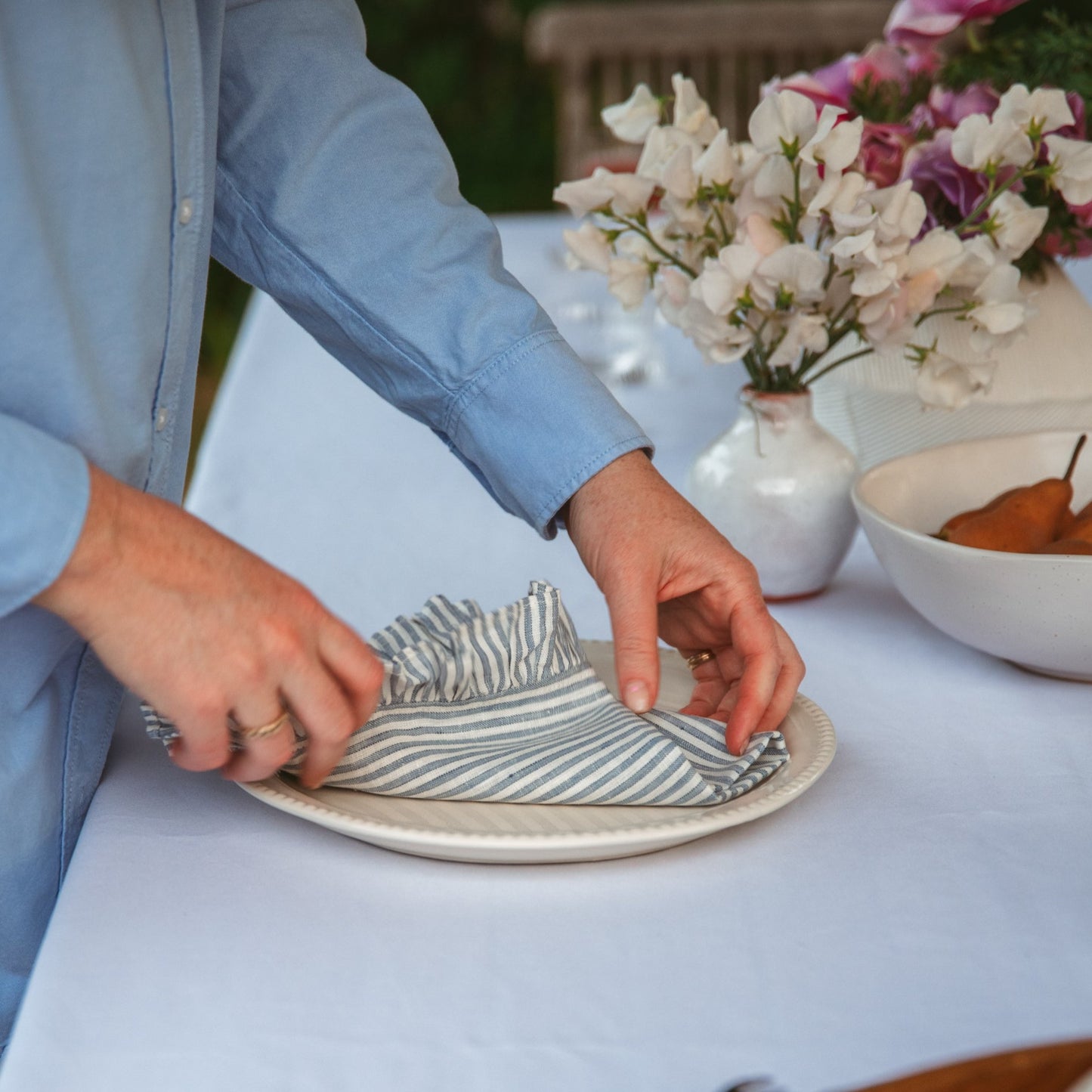 Blue Stripe Ruffle Linen Napkin (Set of 4)